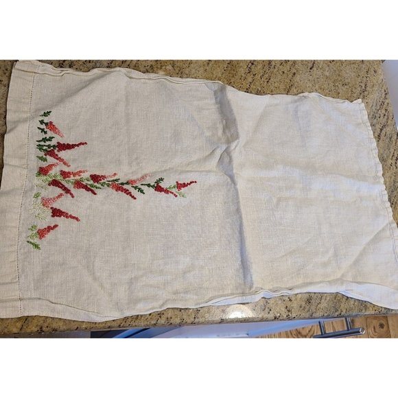 Finished Needlework Red Pink Lupines Embroidered Linen Tea Towel - Picture 3 of 10
